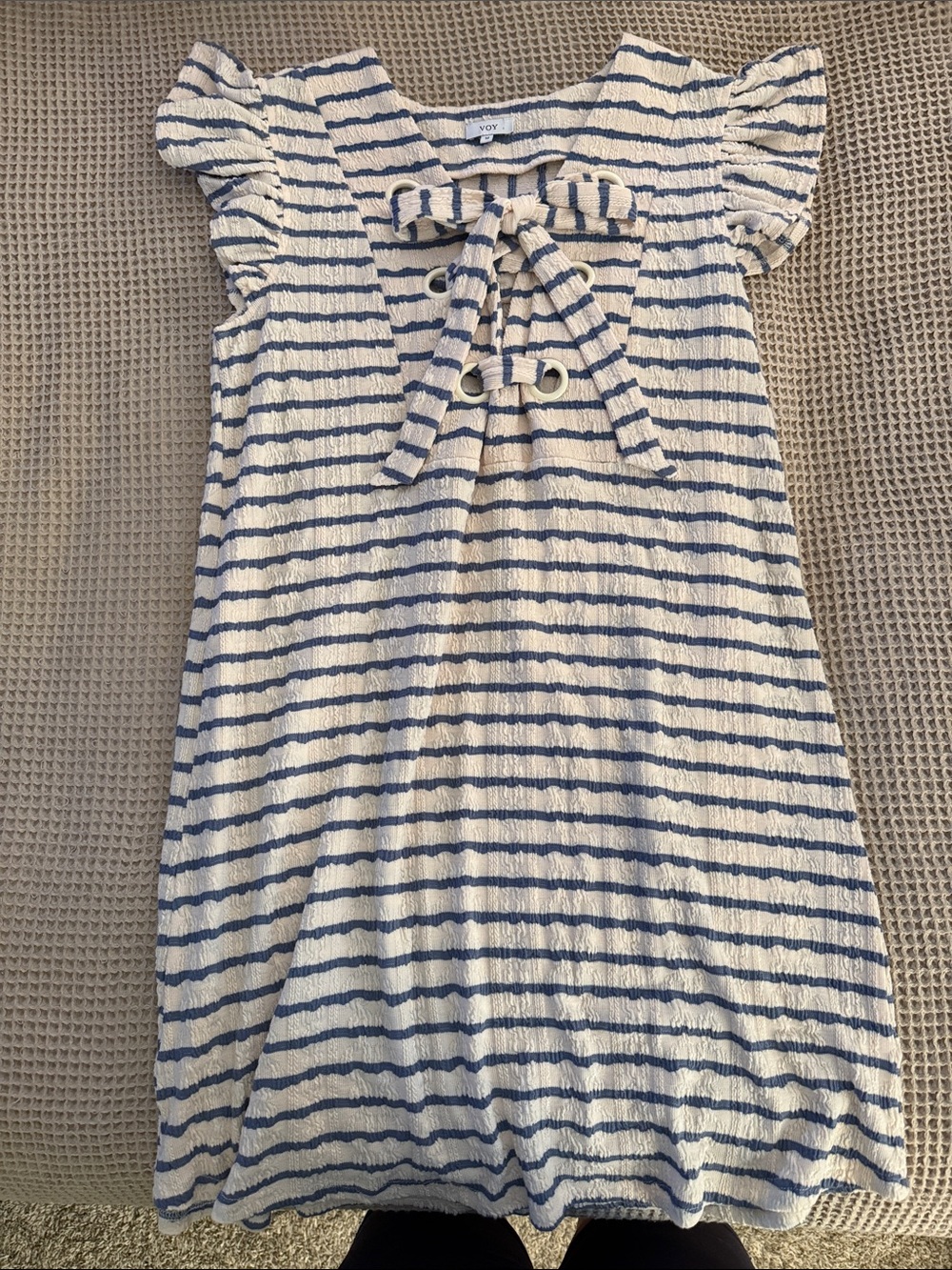 Striped Blue and Cream Tie-Front Summer Dress